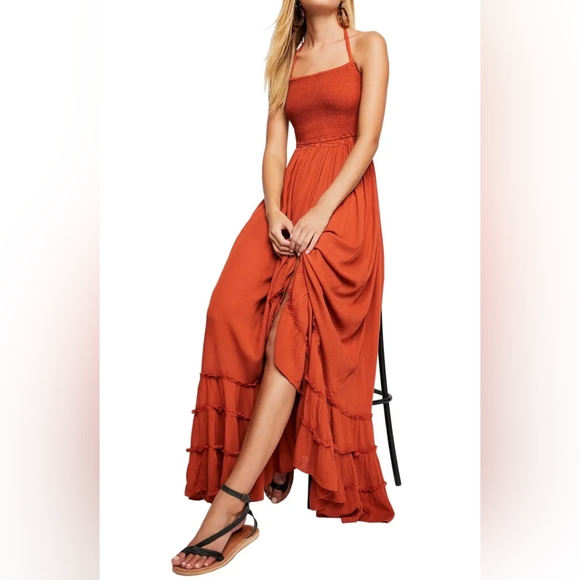R.Vivimos Orange Summer Cotton Sexy Blackless Ruffle Maxi Dress - Picture 4 of 13